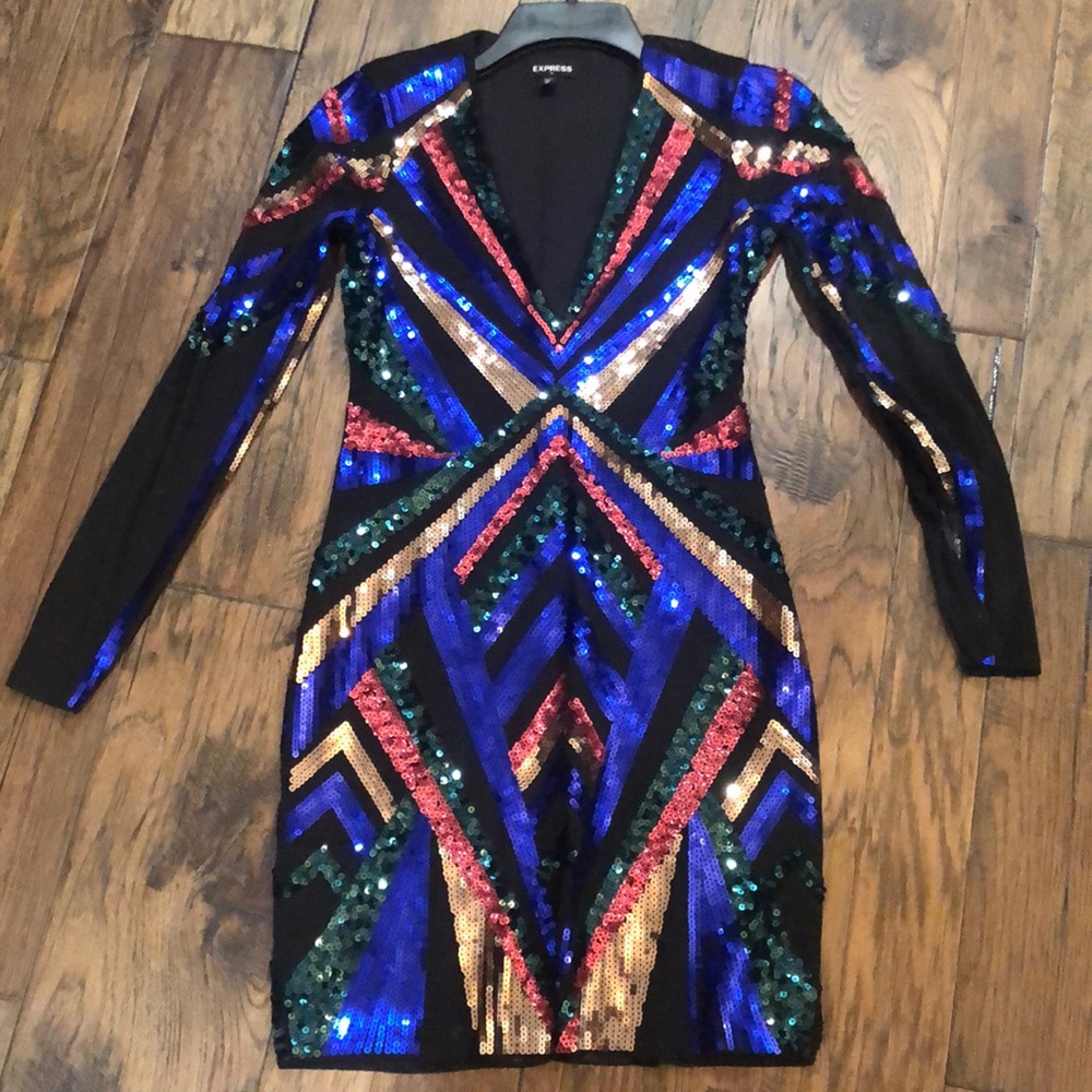 Express Christmas Party/NYE sequin long sleeve deep-V mini dress XS